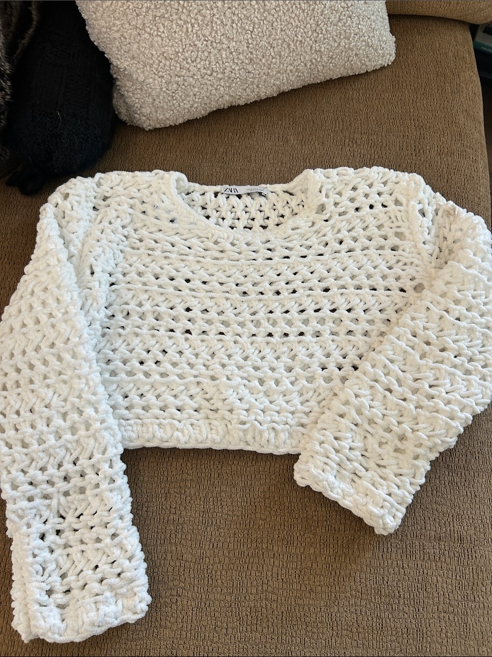 Zara Cream Open-Knit Cropped Crew Sweater